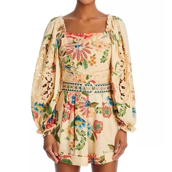 FARM Rio Delicate Linen Blend Garden Romper Multicolor Small NEW